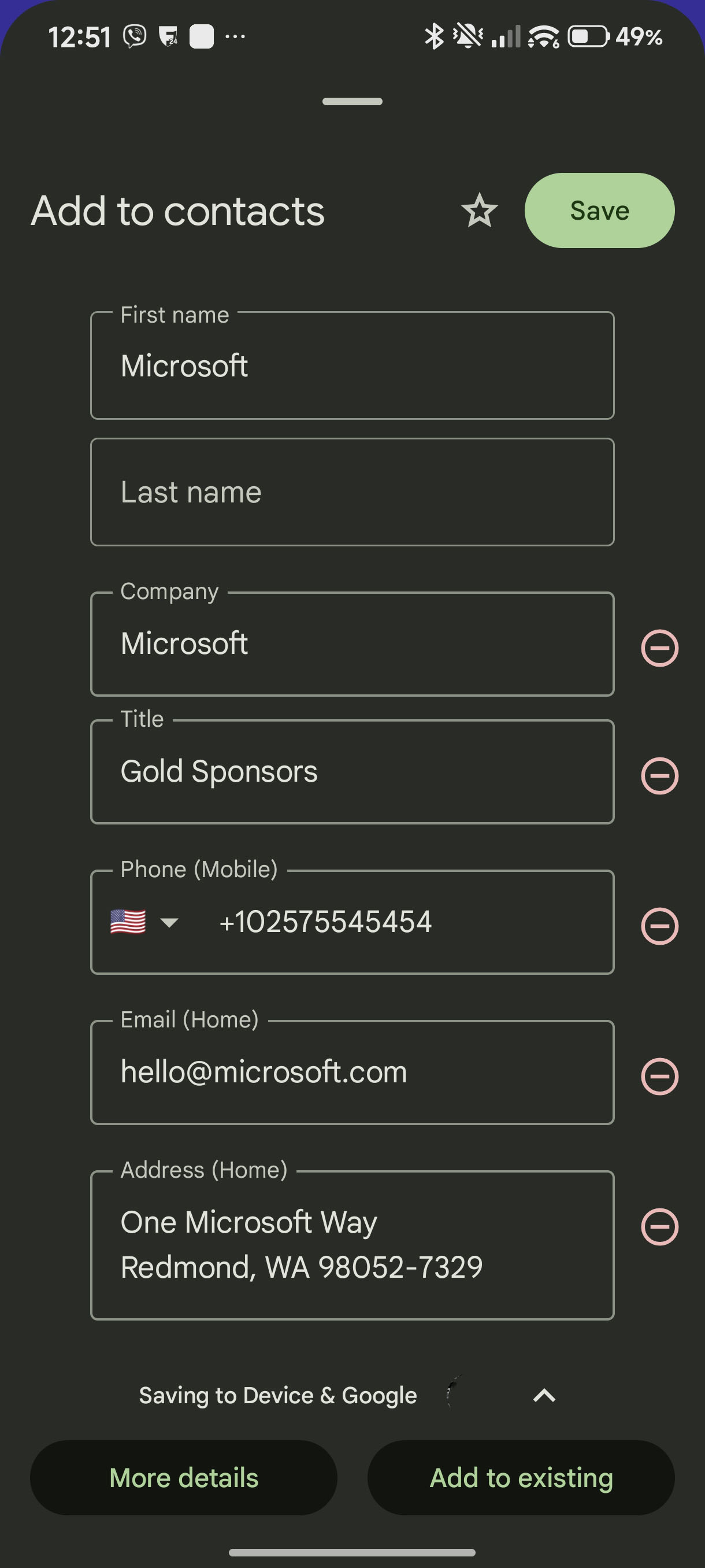 Saving sponsor to phone contacts